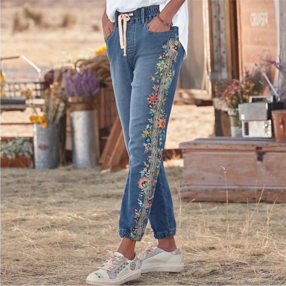 DRIFTWOOD x Sundance Coastal Swell Floral Embroidered Blue Jean Joggers Large - Picture 1 of 11